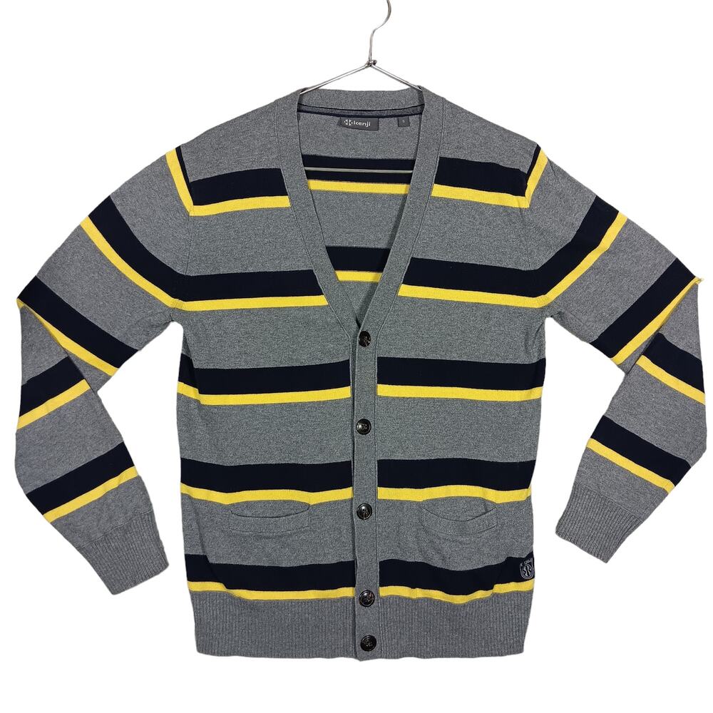 Kenji Cardigan Sweater Size Small Gray Blue and Yellow Stripes Button Down